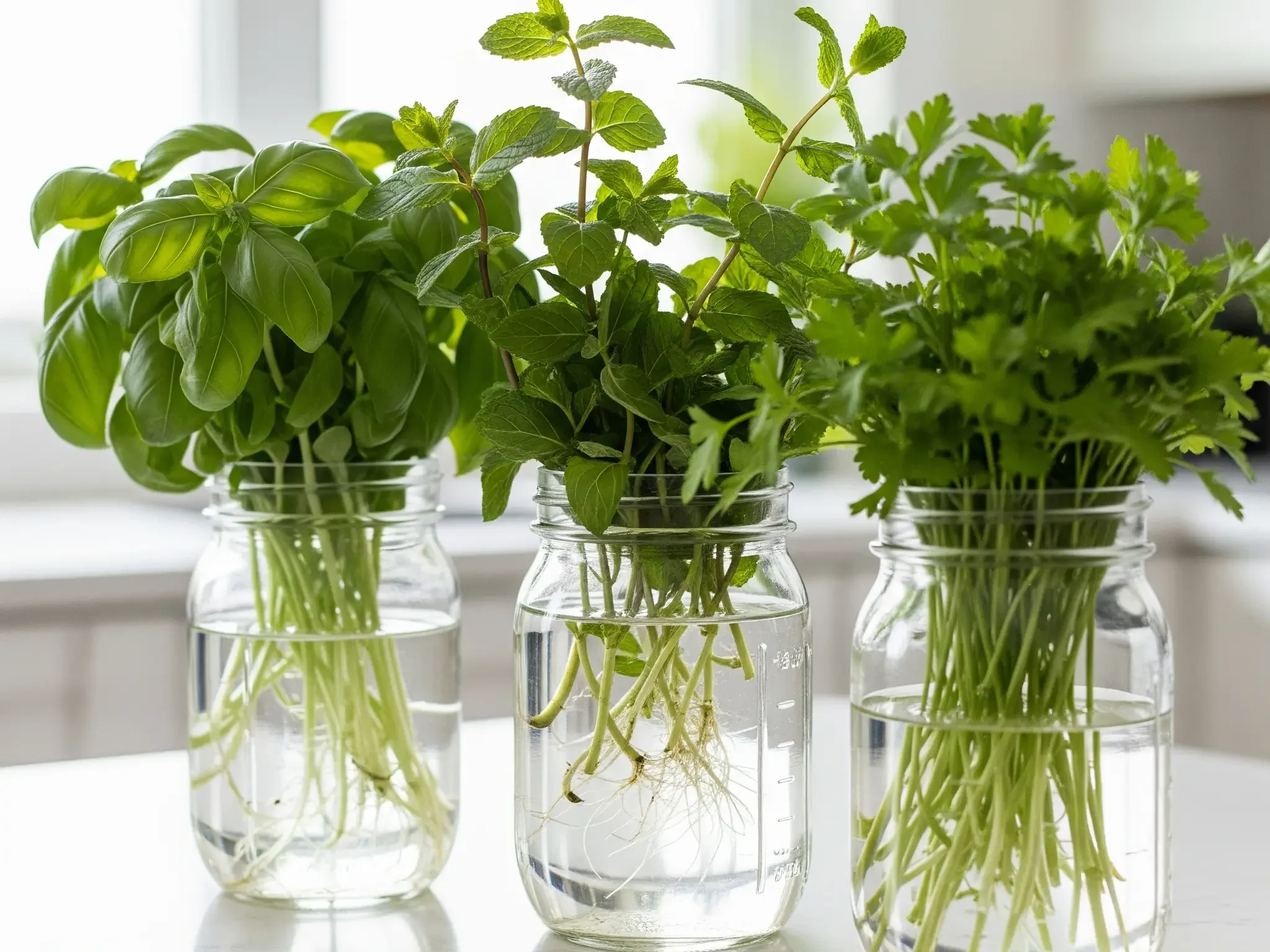 Hydroponic mason jar herb garden setup.